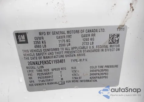 2012 Chevrolet Equinox Ltz z USA, uszkodzony, nr VIN 2GNALFEK5C1193481